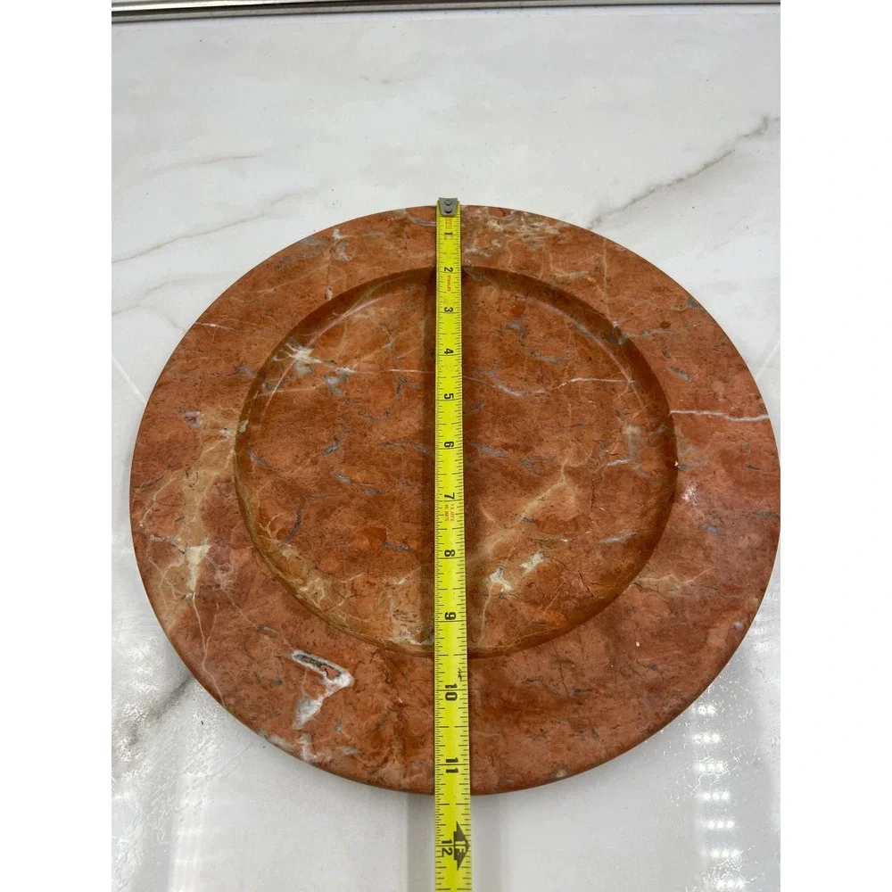 VTG Red Marble Plate Decorative Tray Round Stone Catchall 11.5 Inch Terracotta